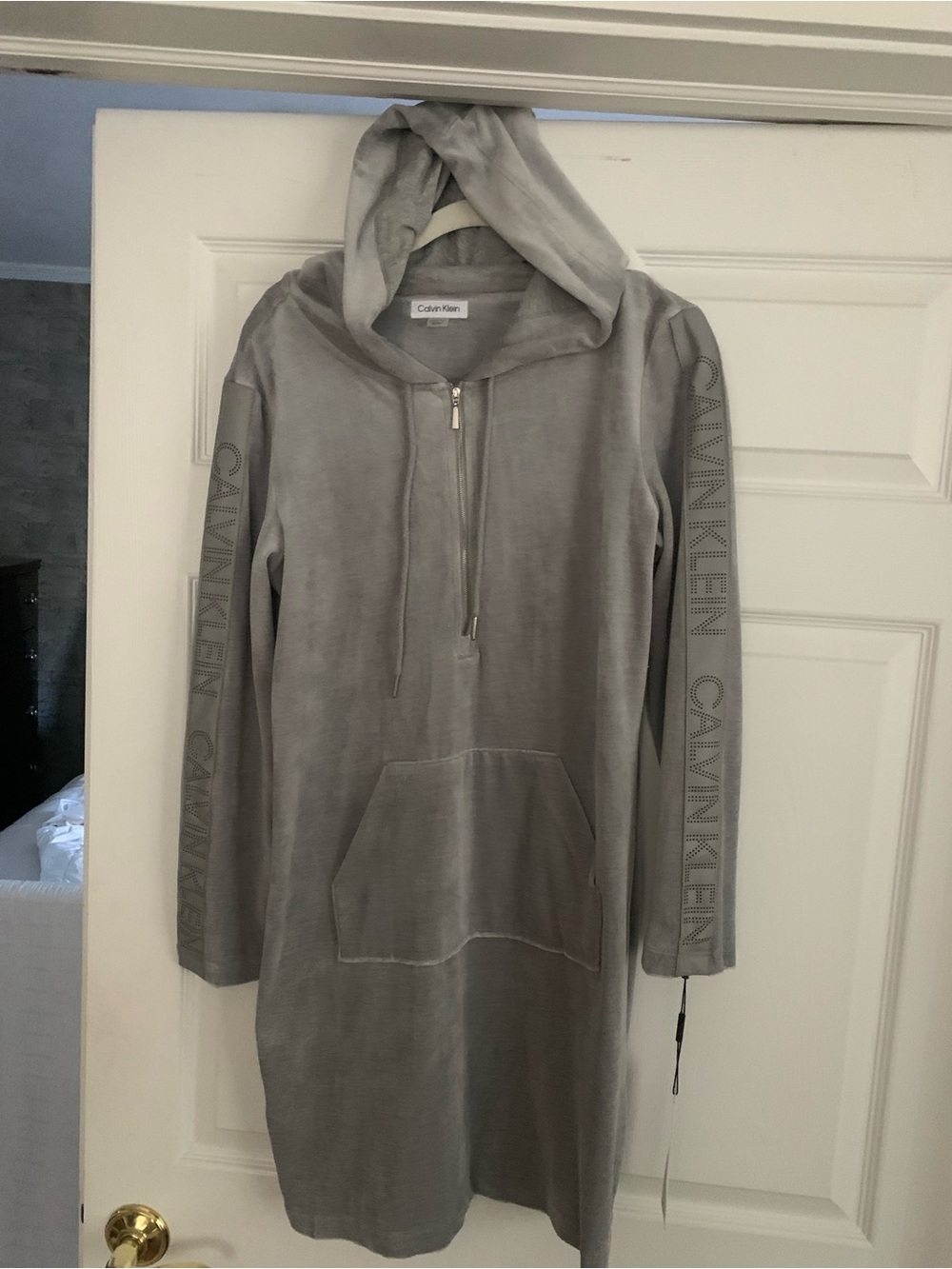 Calvin Klein Gray Hooded Sweatshirt Dress with Logo-Sleeves